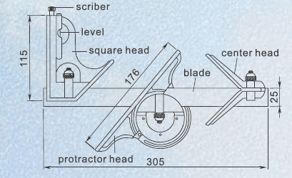 4-Piece Professional Combination Square Set – 300mm (12") Precision Machinist Tool Kit with Protractor and Center Head - Variations - Technical Diagram - Dasqua 1012-2010-A